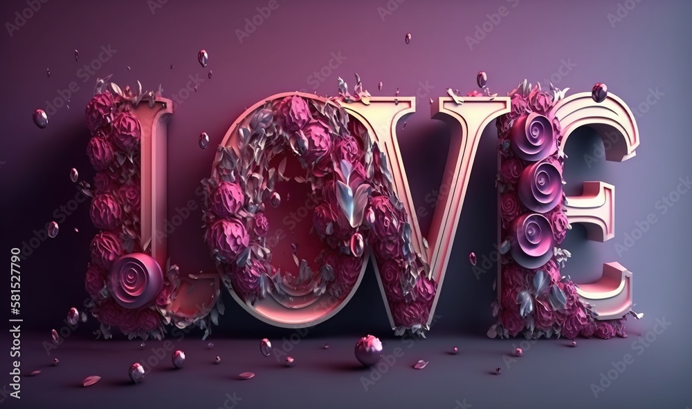  the word love is made up of pink flowers and petals on a purple background with drops of water on t