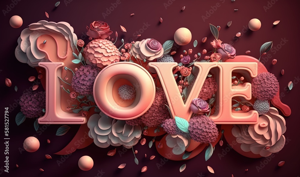  the word love is surrounded by flowers and leaves on a purple background with a pink and pink backg