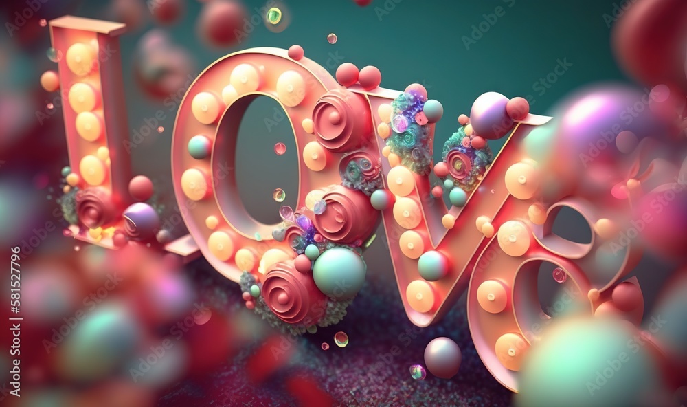  the word love spelled out with bubbles and flowers on a blue background with a lot of bubbles in th