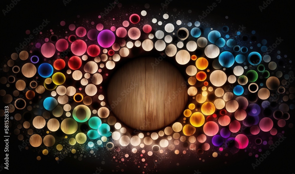  a circle of colorful circles with a wooden center in the middle of the circle is a dark background 