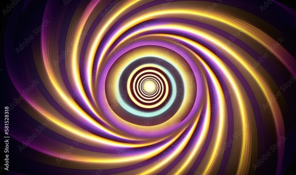  an abstract image of a purple and yellow spiral design with a black background and a white center i