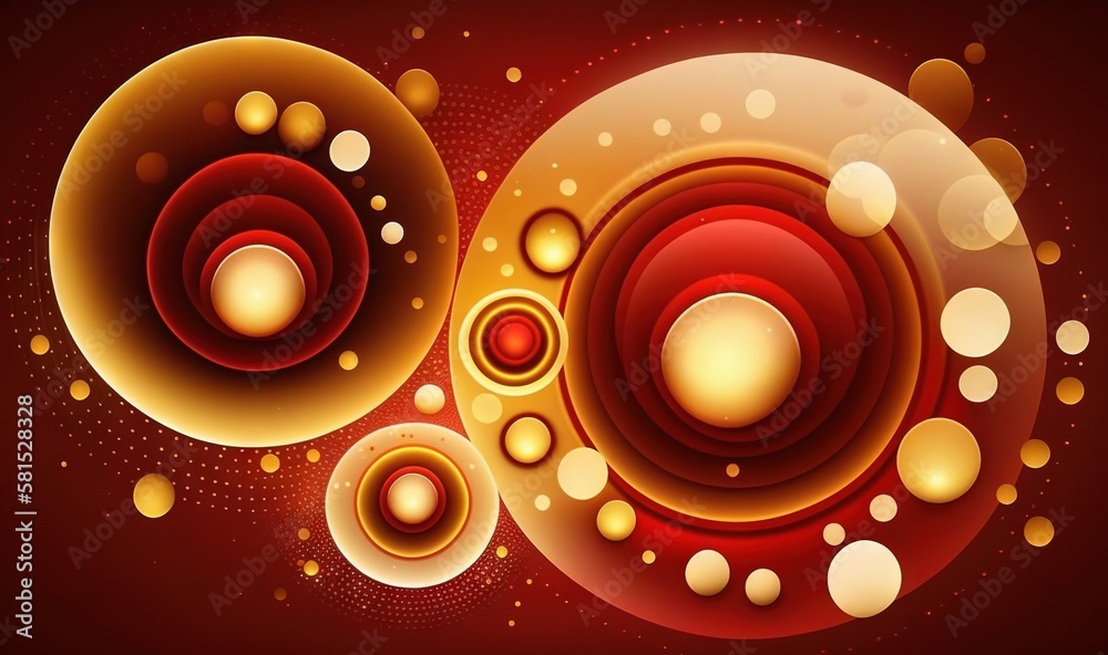  a red and yellow abstract background with circles and bubbles on a red background with a black back