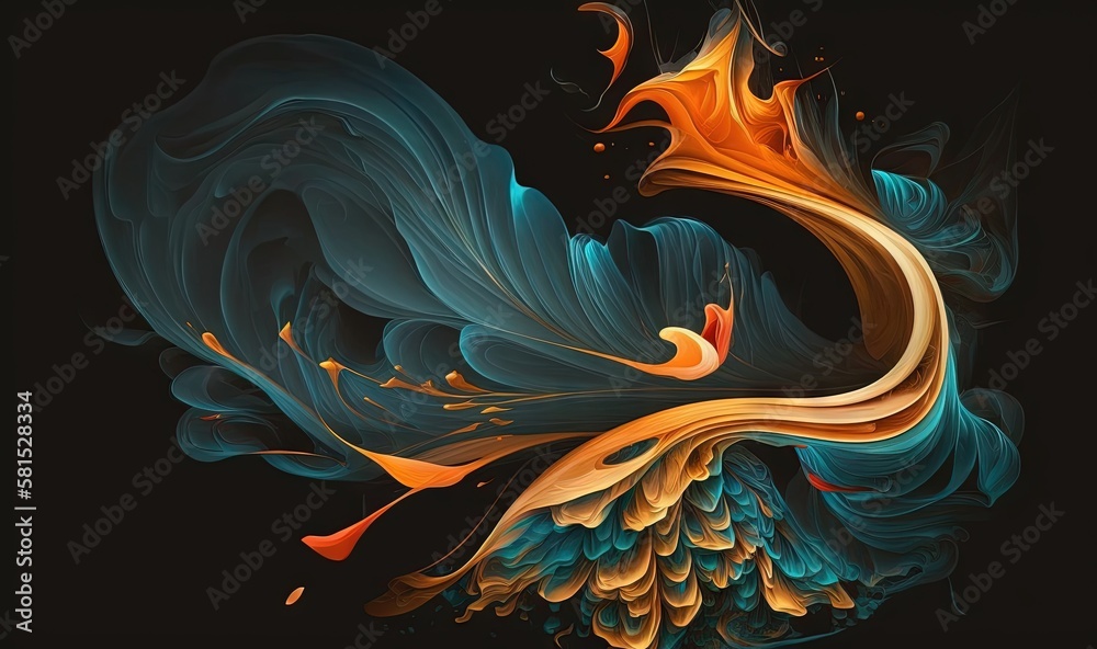  an abstract painting of blue, orange, and yellow feathers on a black background with a black backgr