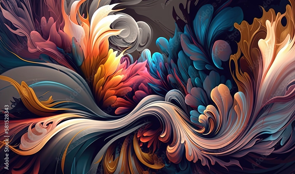  an abstract painting of a colorful wave of colors on a black background with a white cloud in the m