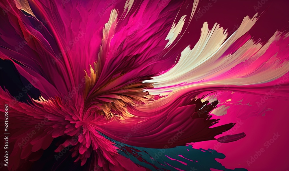  an abstract painting of pink and white flowers on a red background with a black border around the e