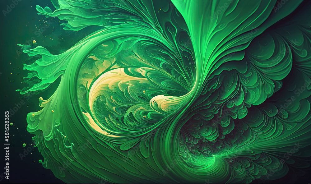  a computer generated image of a green and yellow swirl in the dark background of a computer generat