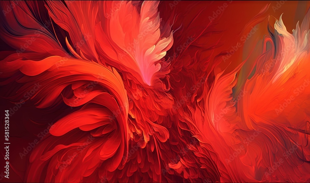  a red and orange abstract painting of a birds wing and tail feathers, with a black background and 