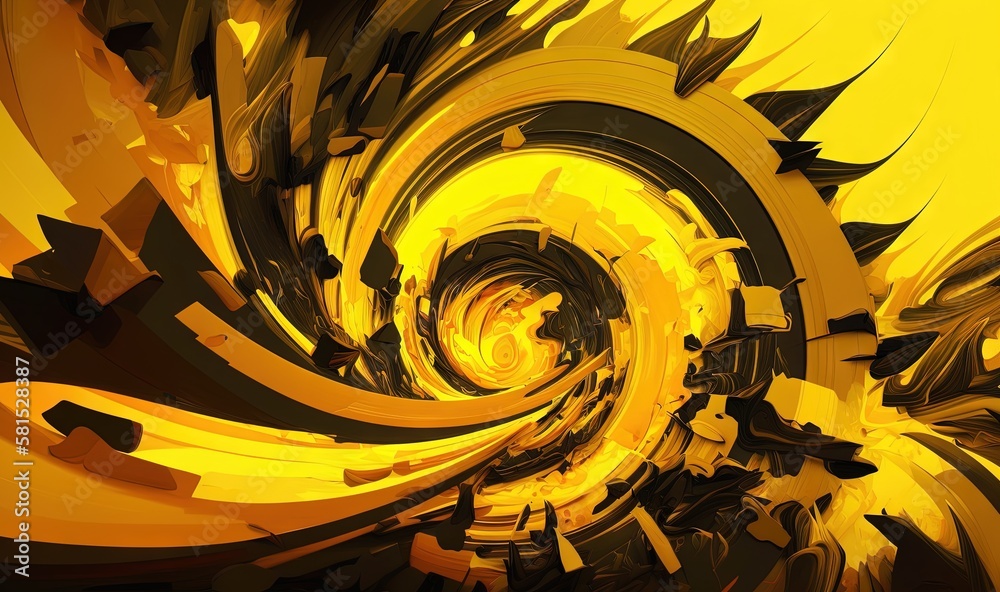  an abstract painting of a yellow and black swirl with a yellow background and a black and white swi