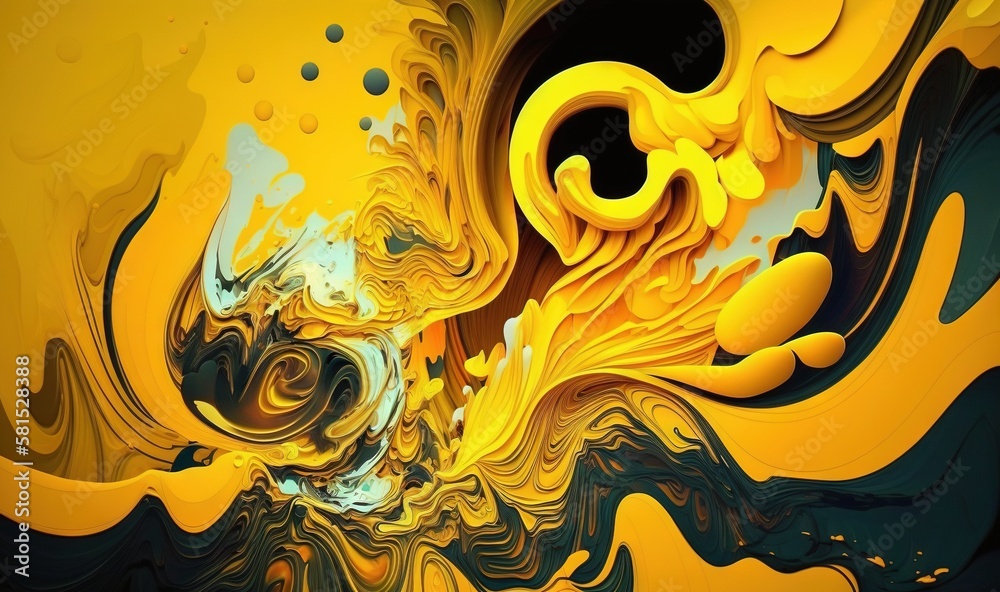  a yellow and black abstract painting with a black center and a white center on the bottom of the im