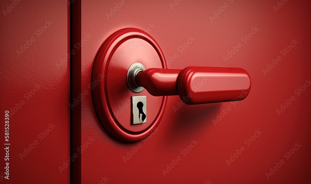  a red door with a lock on it and a key on the handle of the door is shown in this 3d rendering imag