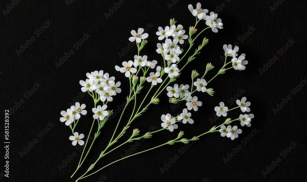  a bunch of white flowers sitting on top of a black table top next to a black wall with a black back