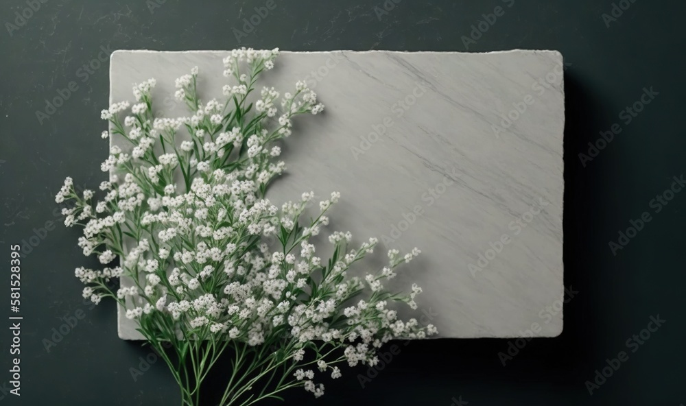  a bouquet of flowers sitting on top of a marble block of paper on a black background with a white m