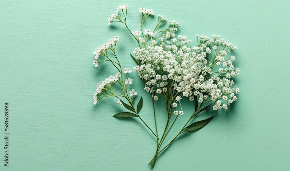  a bunch of white flowers sitting on top of a green table top next to each other on a blue surface w