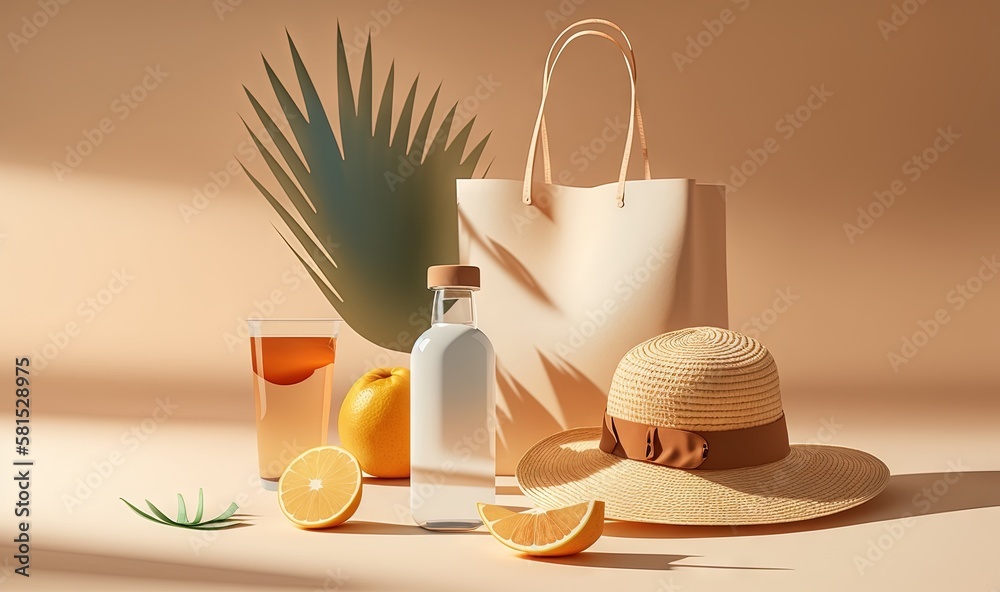  a hat, a bottle of orange juice, a bottle of lemonade, a straw hat, and a bottle of orange juice on