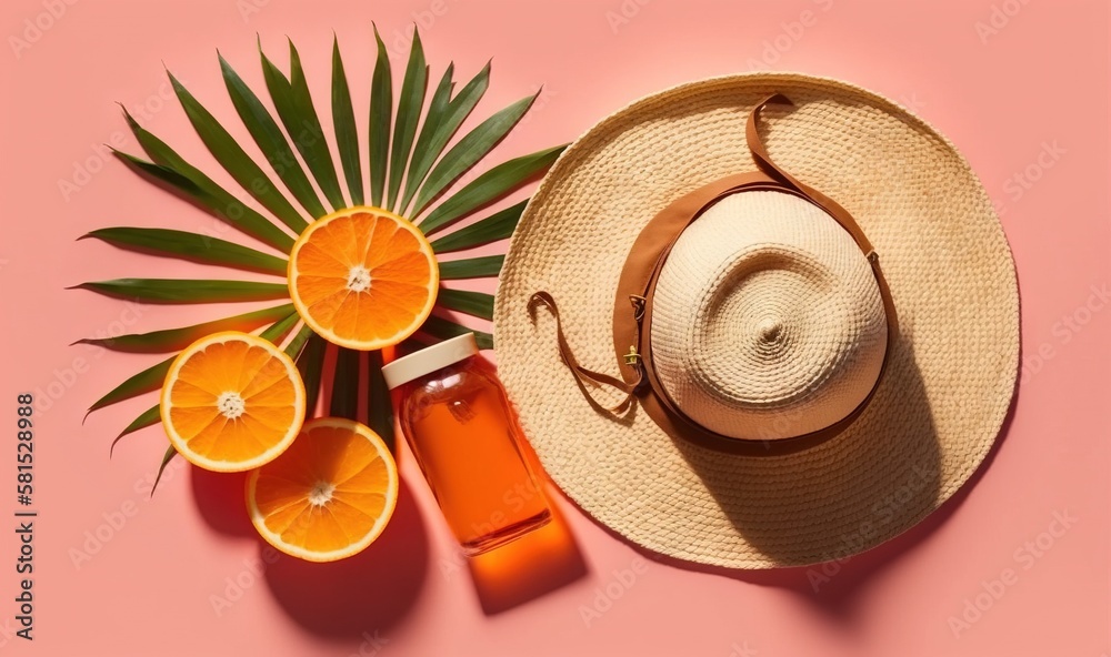  a straw hat, oranges, and a bottle of orange juice on a pink background with a palm leaf and a bott