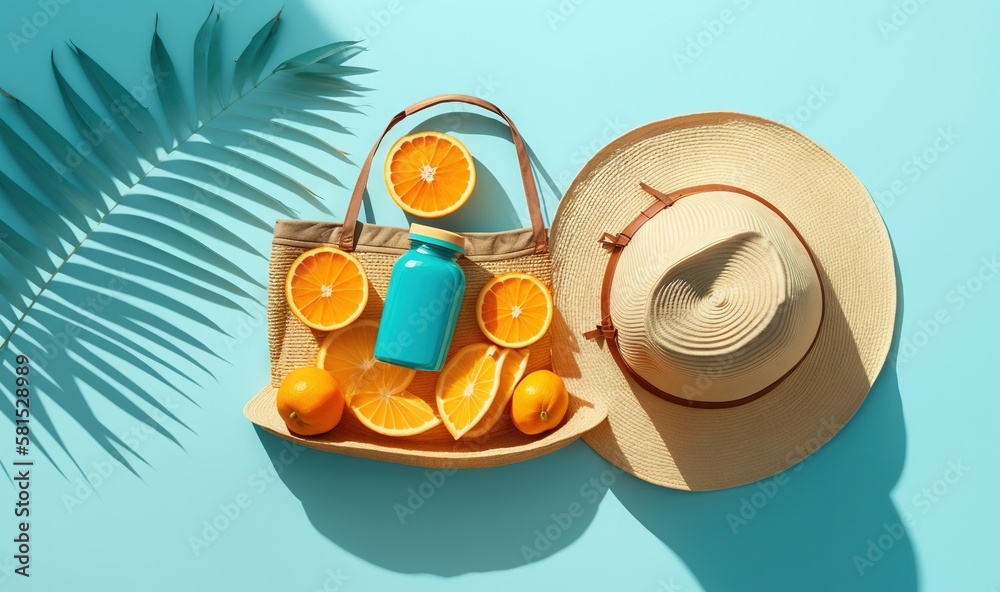  a straw hat, a straw bag, and orange slices on a blue background with a palm leaf and a blue bottle