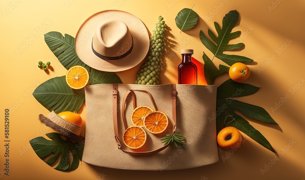  a bag with orange slices and a straw hat on top of a yellow background with green leaves and orange