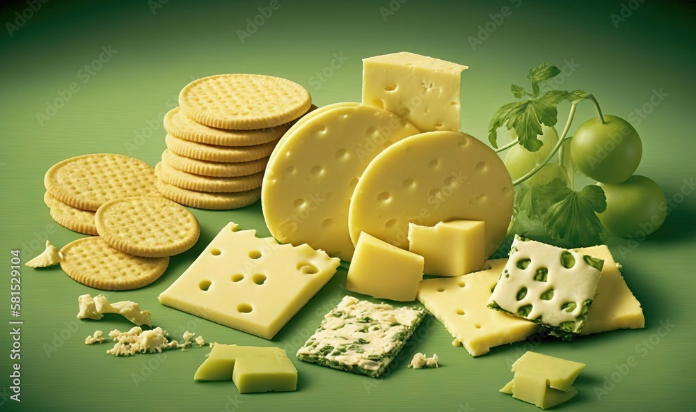  a bunch of cheeses and crackers on a green tablecloth with grapes and a green stem on the side of t