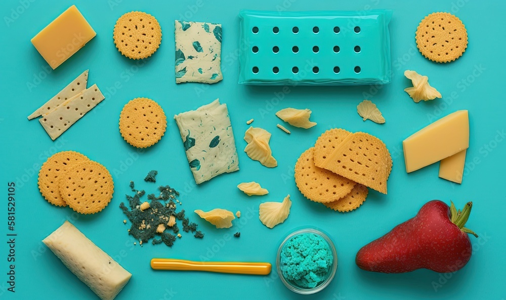  a variety of cheese and crackers on a blue surface with a strawberry, cheese, crackers, and a straw