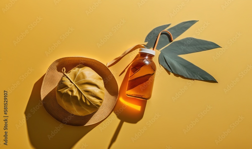  a hat, a bottle of liquid and a leaf on a yellow background with a shadow of a hat on the left side