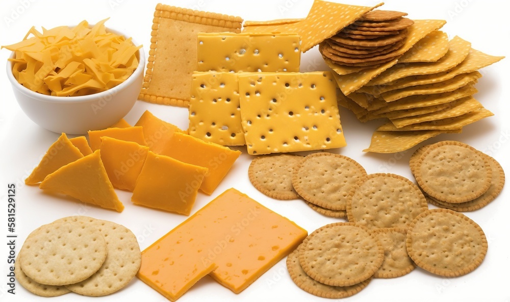  a variety of cheeses and crackers on a white surface with a bowl of cheese and crackers on the side