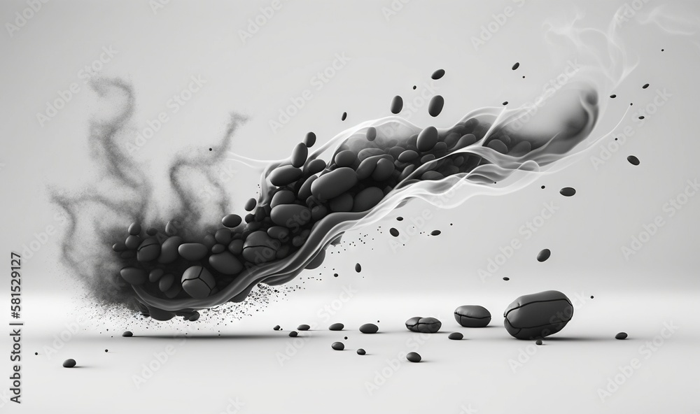  a black and white photo of a ball with smoke coming out of it and some black rocks on the ground ar