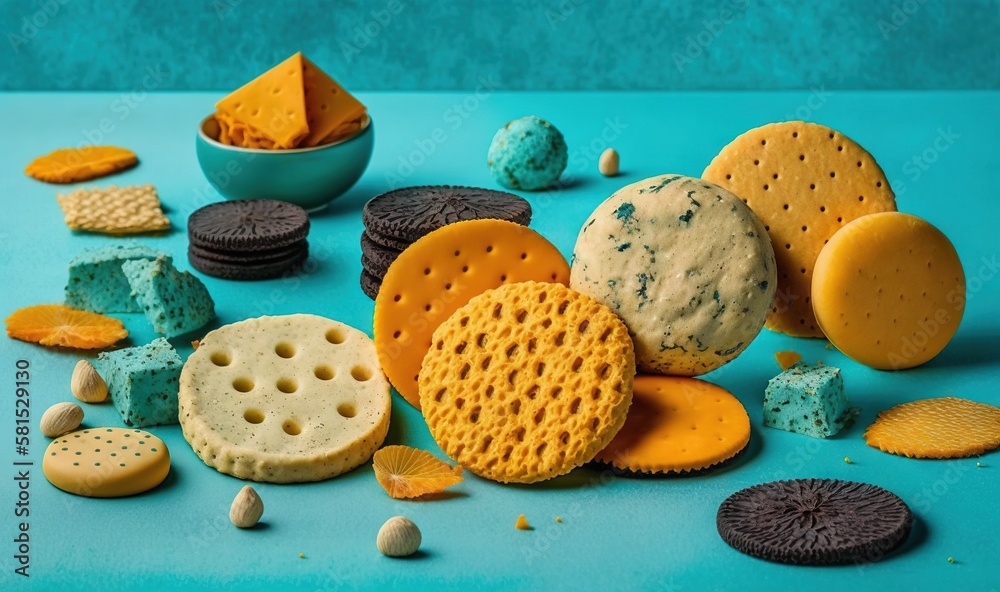  a blue table topped with lots of different types of cookies and crackers next to a bowl of cookies 