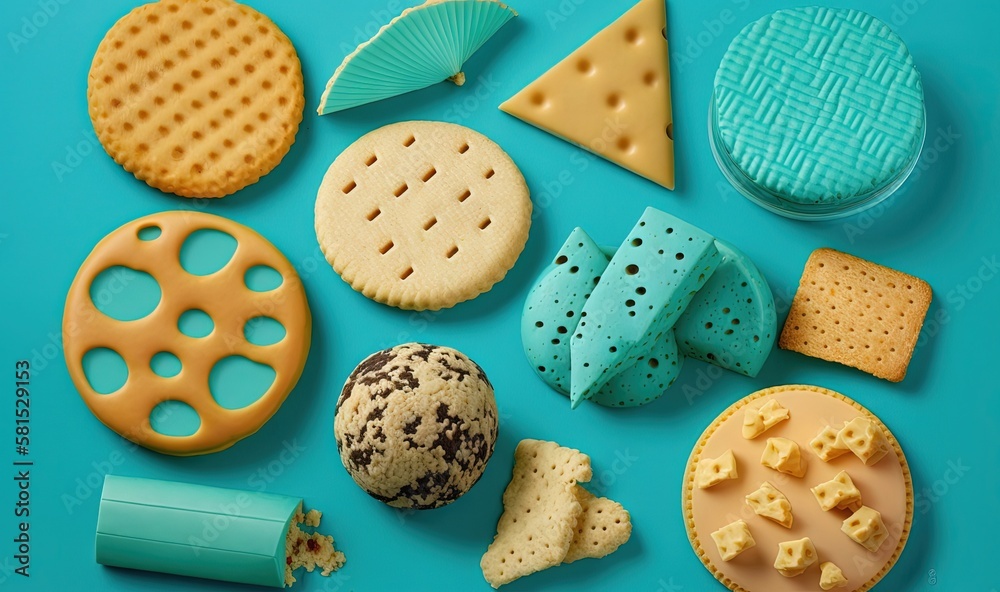  a variety of cookies and pastries on a blue surface with a blue roller blade and a blue cup of teal