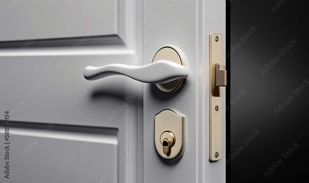  a close up of a door handle on a white door with a black back ground and a black wall in the backgr