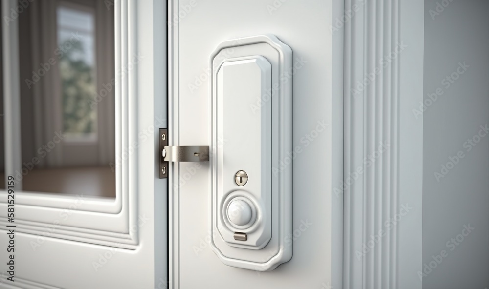  a close up of a white door with a knob and a glass window in the back ground of the door and a whit