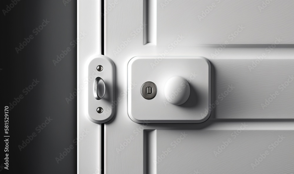  a white door with a button on it and a black door handle on the front of the door and a white door 