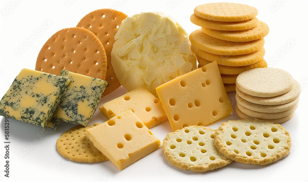  a variety of cheeses and crackers on a white background with a white background with a white backgr