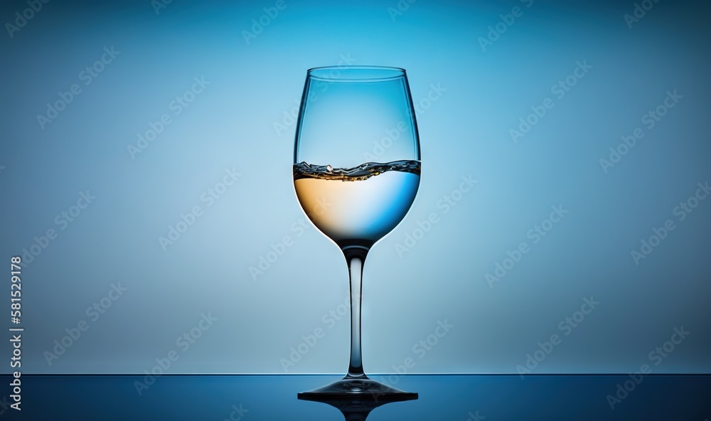  a wine glass with water in it on a blue surface with a reflection of the water in the glass and the