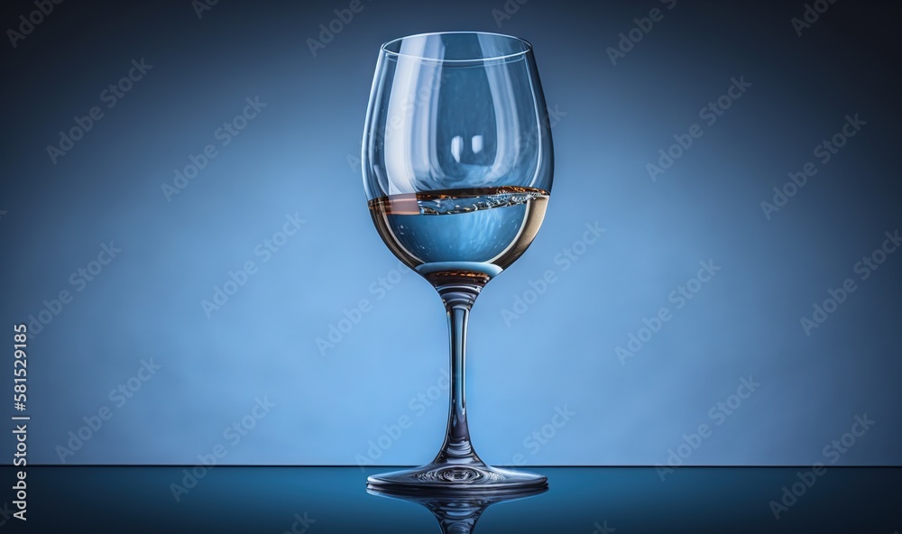  a glass of wine is shown on a blue background with a reflection of the wine glass in the water and 