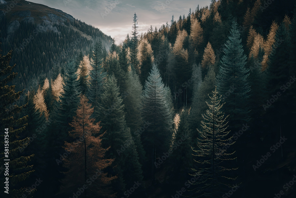 tylised vertical panorama of forest in the French Alps. Illustration AI Generative