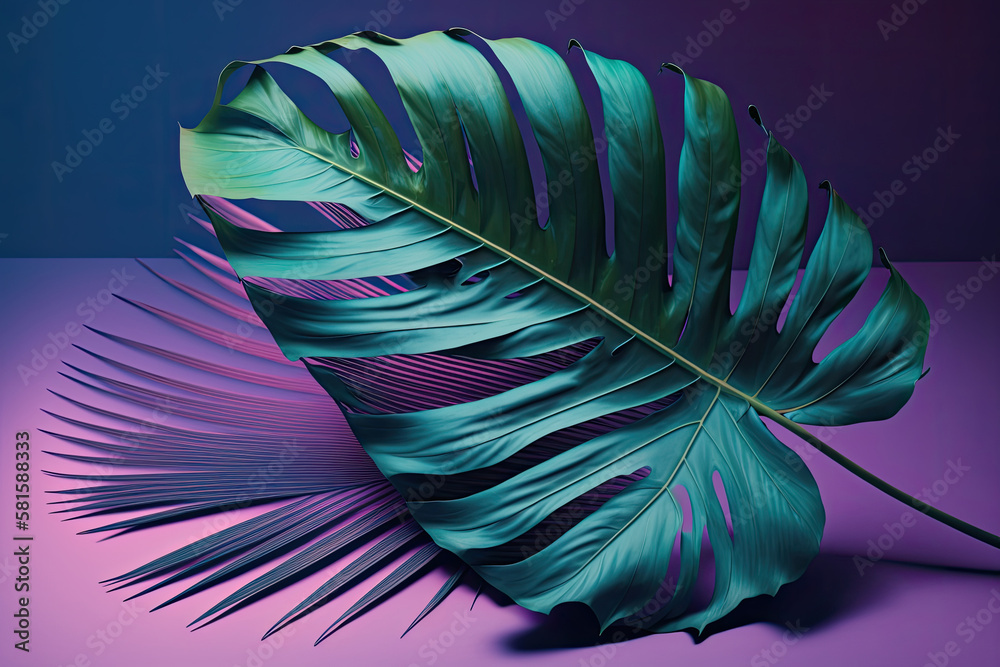 A large fresh palm leaf on a duotone purple-violet-blue. Illustration AI Generative