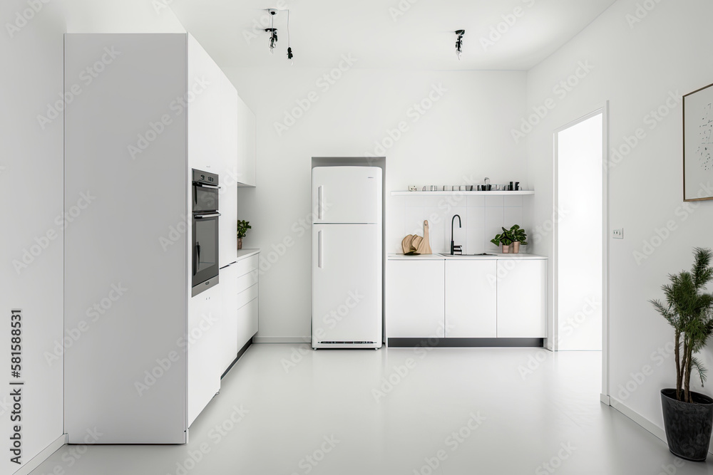 The interior of a minimalist kitchen with white walls. Illustration AI Generative