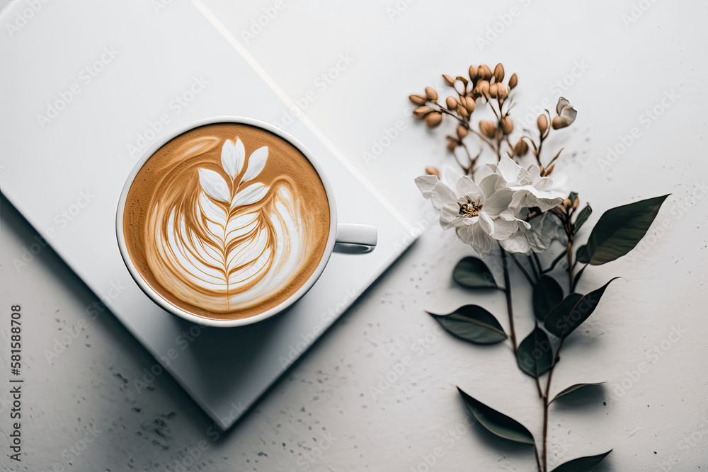 Flat white coffee flower latte art on white table. Illustration AI Generative