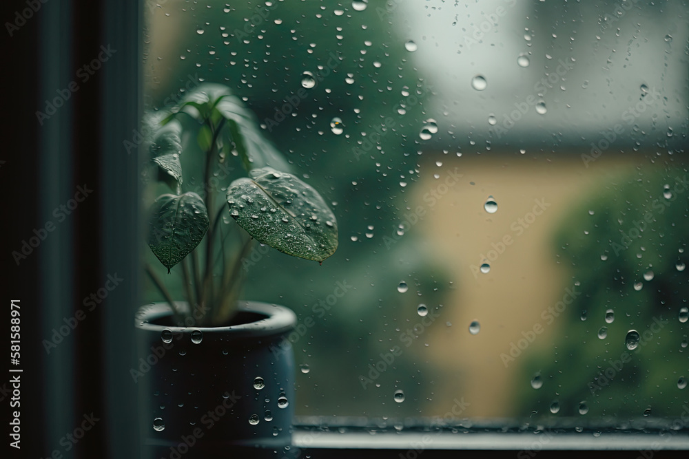 Atmospheric minimal backdrop with rain droplets on glass. Illustration AI Generative