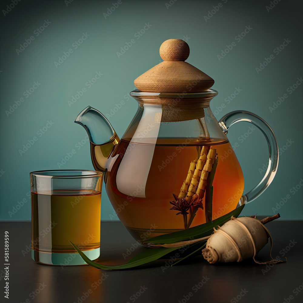 Glass teapot and cup containing lemongrass and ginger tea. Illustration AI Generative