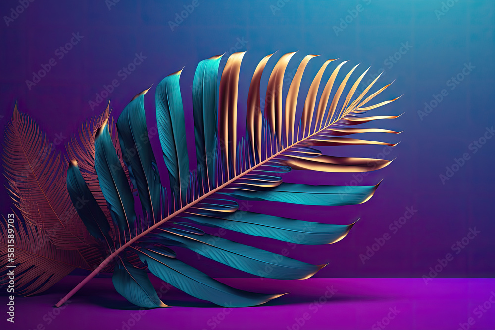 A large fresh palm leaf on a duotone purple-violet-blue. Illustration AI Generative