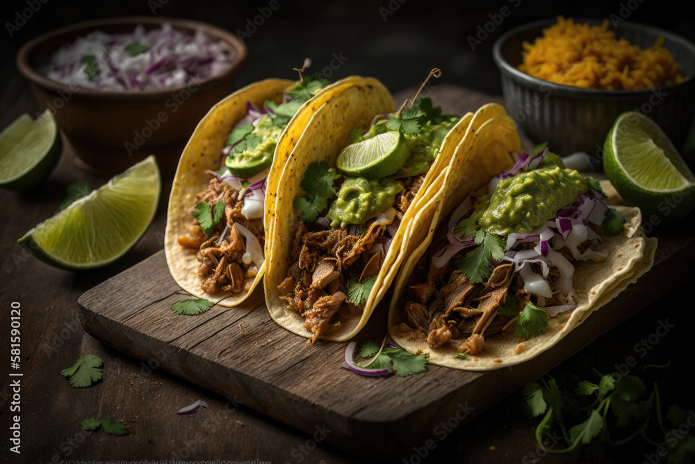 three pork carnitas street tacos in yellow corn tortilla. Illustration AI Generative