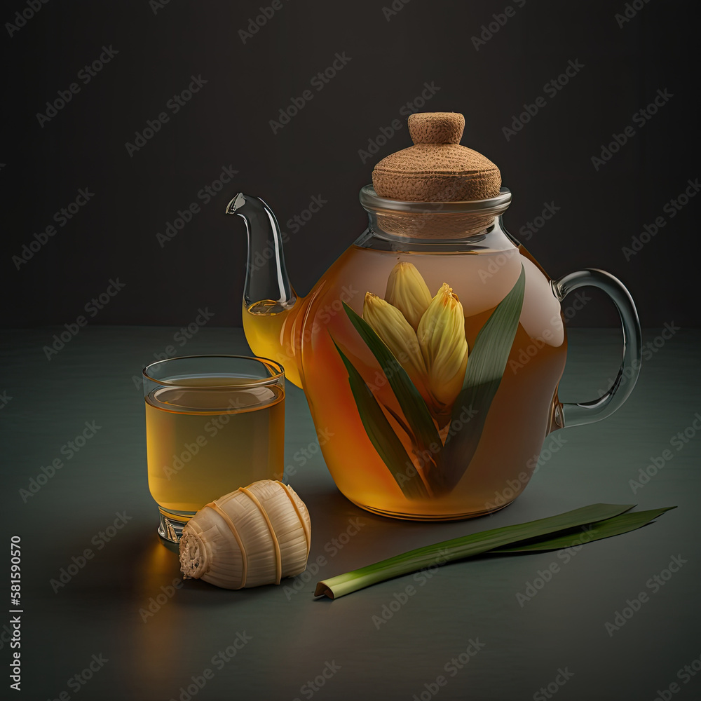 Glass teapot and cup containing lemongrass and ginger tea. Illustration AI Generative