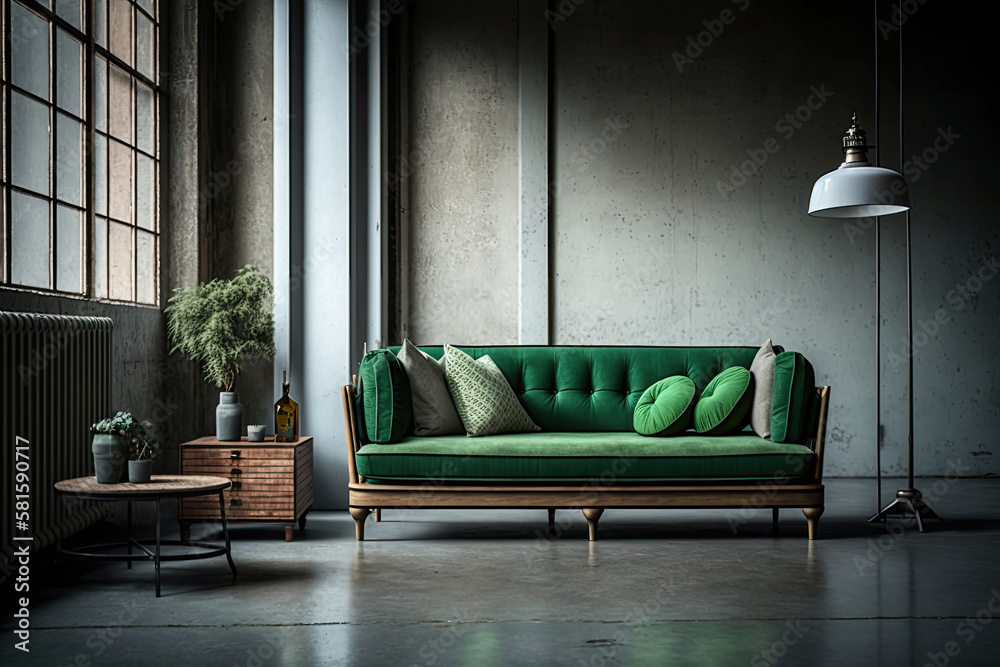 Interior of living room loft style with green fabric sofa. Illustration AI Generative