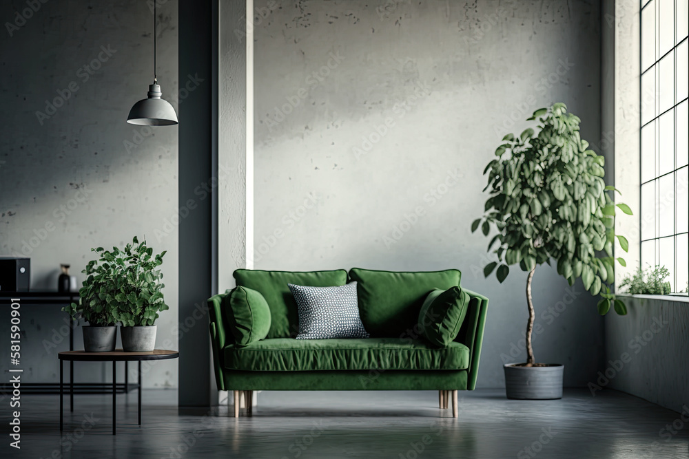 Interior of living room loft style with green fabric sofa. Illustration AI Generative