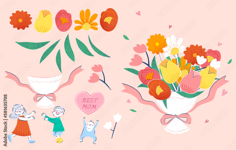 Cute kids and flowers element set