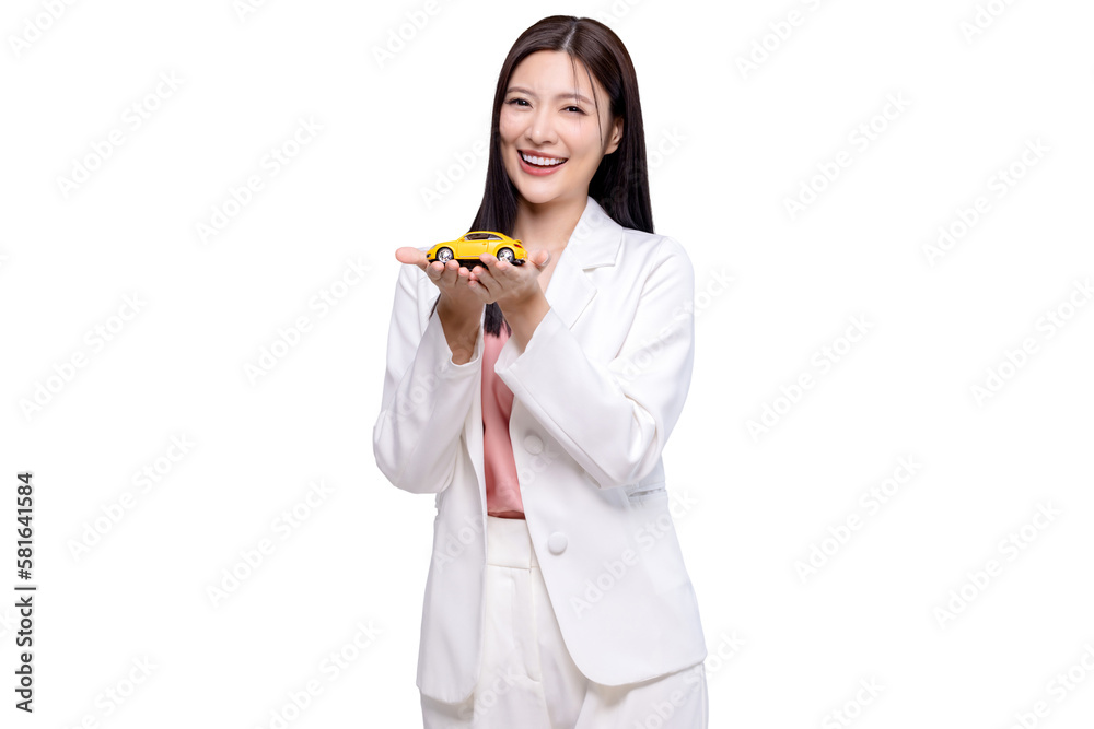 Happy young Asian business look woman shows yellow mock up car isolated on transparent background, P