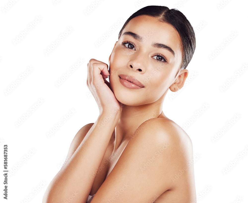 Beauty, dermatology and portrait of woman satisfied with glowing cosmetic routine while isolated on 