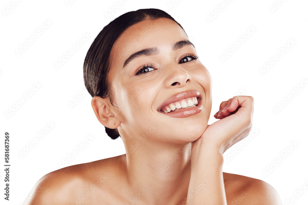 Portrait, smile and skincare with hispanic woman happy about smooth, soft skin on an isolated png ba