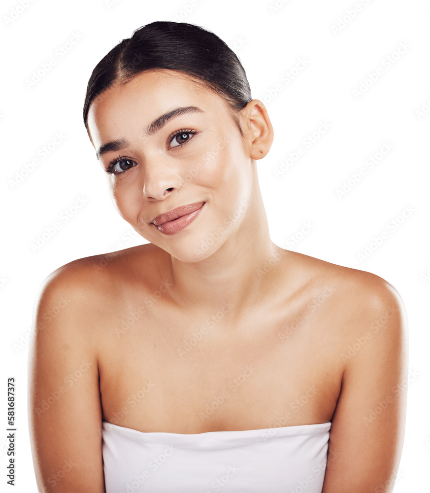 Face, portrait and cosmetic beauty of happy woman with skincare isolated on a png background. Dermat